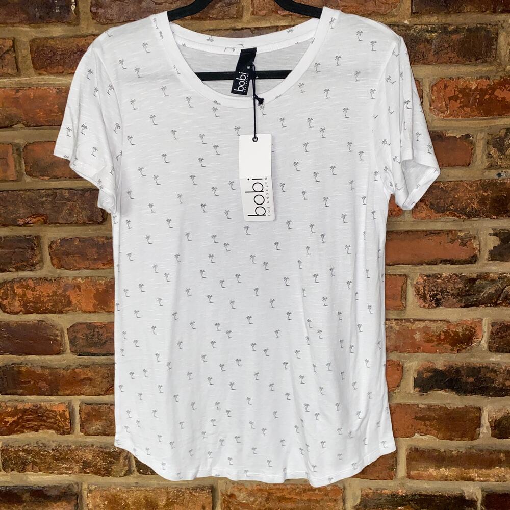 NWT Bobi White Palm Tree Short Sleeve Burnout T-Shirt Women's Size Small